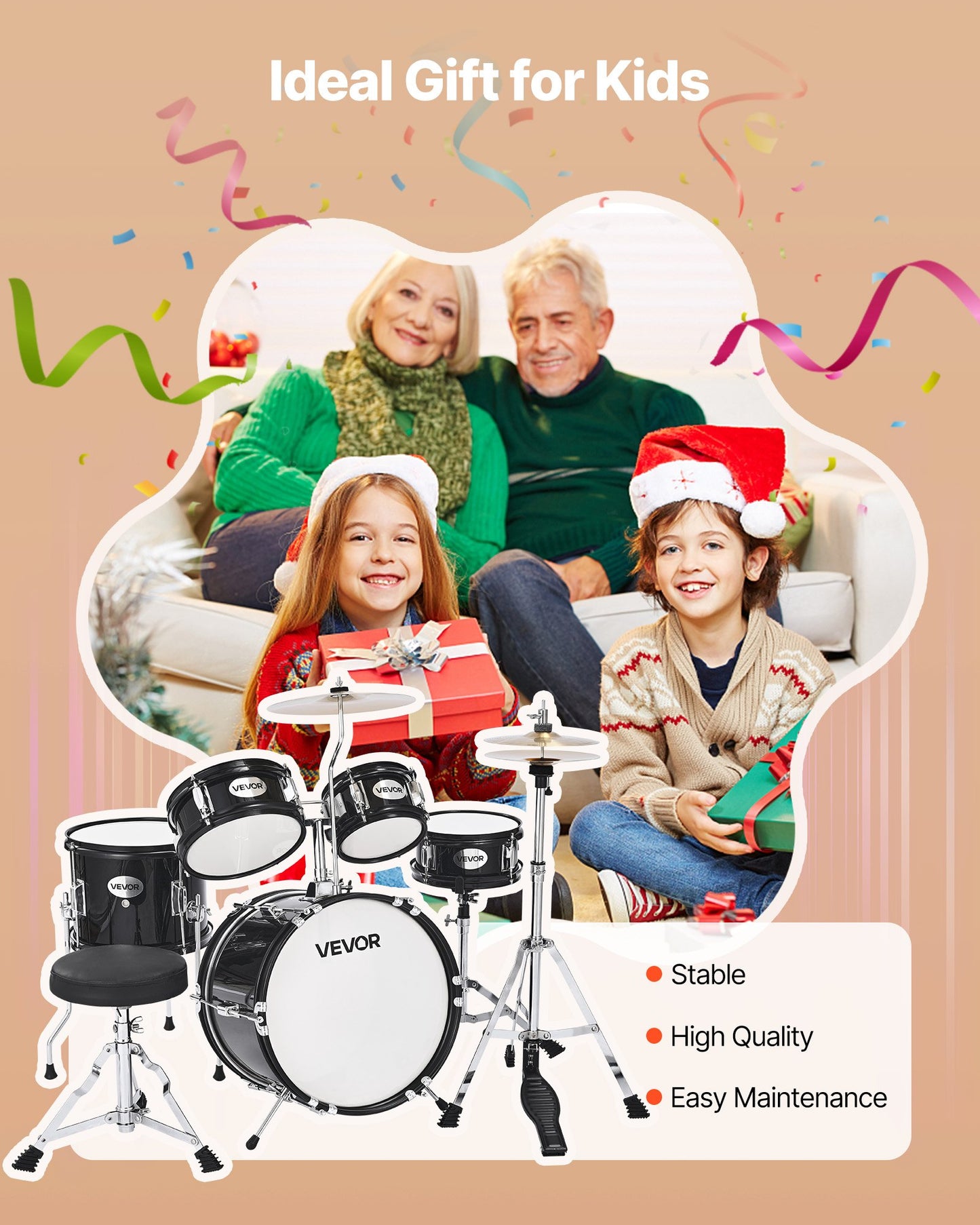 Kids Drum Set, 5-Piece 14 in / 355.6 mm Junior Drum Sets, Beginner Drums Set with Adjustable Throne and Two Pairs of Drumsticks, Musical Learning Drums Instruments Kit, for Children Ages 6-13(Black)