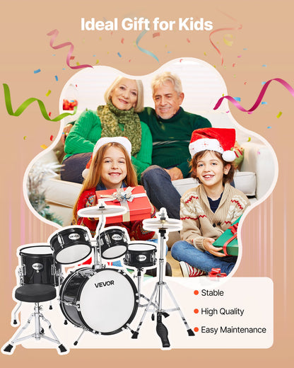 Kids Drum Set, 5-Piece 14 in / 355.6 mm Junior Drum Sets, Beginner Drums Set with Adjustable Throne and Two Pairs of Drumsticks, Musical Learning Drums Instruments Kit, for Children Ages 6-13(Black)