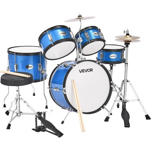 Barntrumset, 5-delars 16 tum / 406,4 mm juniortrumset, trumset för nybörjare med justerbart ställ och två par trumstockar, musikaliskt lärande truminstrumentkit, för barn i åldrarna 6-13 (blå)