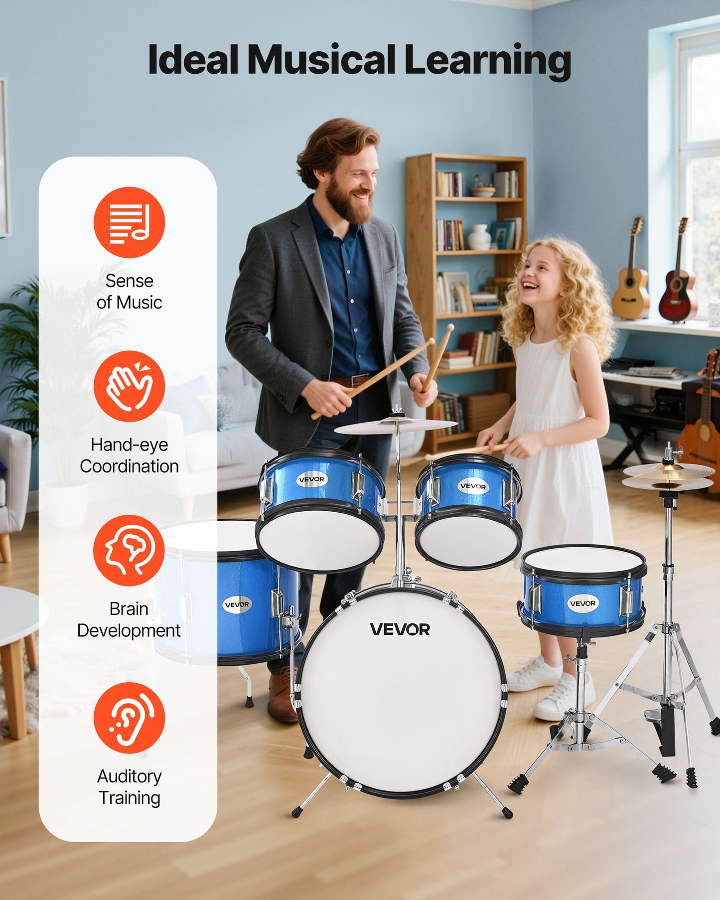 Barntrumset, 5-delars 16 tum / 406,4 mm juniortrumset, trumset för nybörjare med justerbart ställ och två par trumstockar, musikaliskt lärande truminstrumentkit, för barn i åldrarna 6-13 (blå)