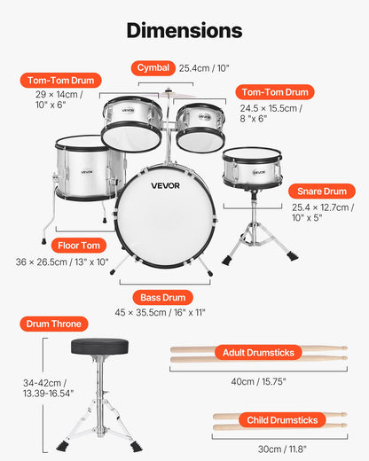Barntrumset, 5-delars 16 tum / 406,4 mm juniortrumset, trumset för nybörjare med justerbar tron ​​och två par trumstockar, musikaliskt lärande trumset, för barn i åldrarna 6-13 (silver)
