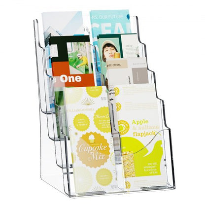 Broschyrhållare i akryl, 20 x 28 cm, 4-våningars transparent akrylmaterialdisplayställ, plastmaterialorganisatör och avtagbar avdelare för kontorsutställning, bänk- eller väggmontering