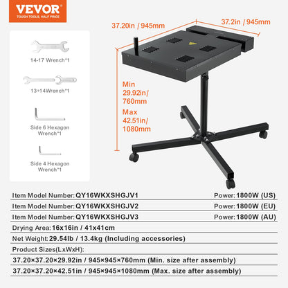 Flash-tork, 16 x 16 tums flash-tork för screentryck, 0-750℉ temperaturkontroll, högpresterande silkscreen-tork med höjdjusterbart stativ, 360° rotation, T-shirthärdningsmaskin