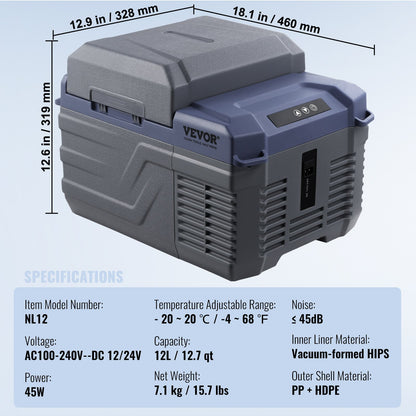 Bilkylskåp, 12 volts bilkylskåp, 12 l bärbar frys med en zon, justerbart temperaturområde -4℉-68℉, 12/24V DC och 100-240V AC kompressorkylare för utomhusbruk, camping, husbil