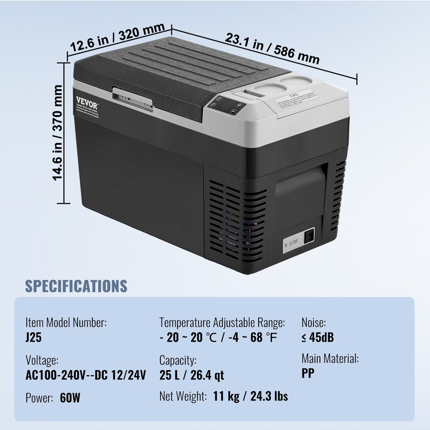 Bärbart bilkylskåp, 12 volts bilkylskåp, 25 l / 26,4 qt bärbar frys med en zon, -4℉-68℉ justerbar temperatur, kompressorkylare för hem, utomhus, camping, husbil, bil
