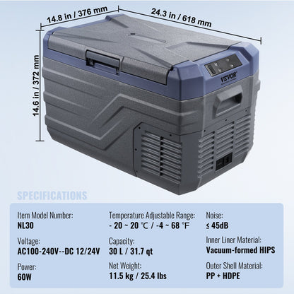 Bilkylskåp, 12 volts bilkylskåp, 30 l bärbar frys med en zon och inbyggd belysning, -4℉-68℉, 12/24V DC och 100-240V AC kompressorkylare för utomhusbruk, camping, husbil
