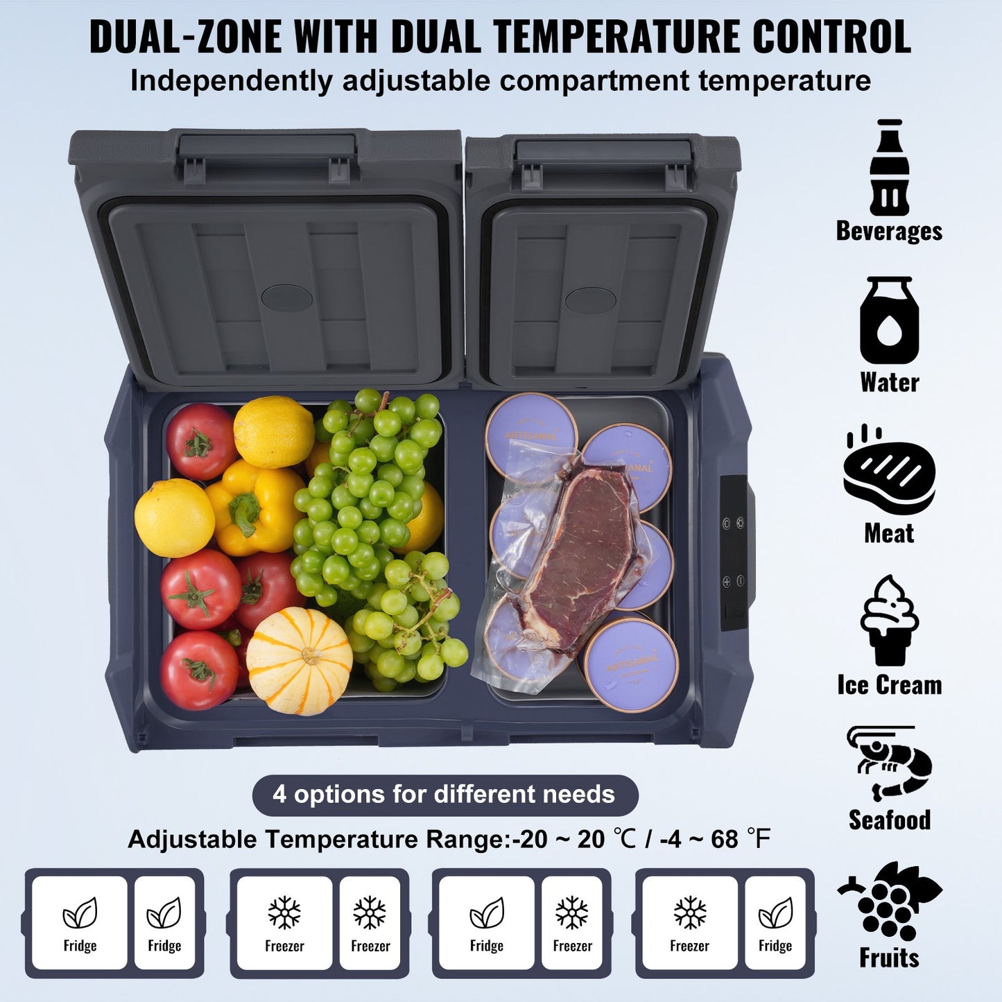 Bilkylskåp, 12 volts bilkylskåp, 25 l bärbar frys med dubbla zoner, justerbart temperaturområde -4℉-68℉, 12/24V DC och 100-240V AC kompressorkylare för utomhusbruk, camping, husbil