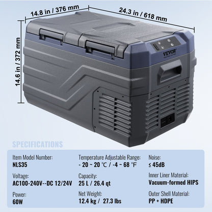 Bilkylskåp, 12 volts bilkylskåp, 25 l bärbar frys med dubbla zoner, justerbart temperaturområde -4℉-68℉, 12/24V DC och 100-240V AC kompressorkylare för utomhusbruk, camping, husbil