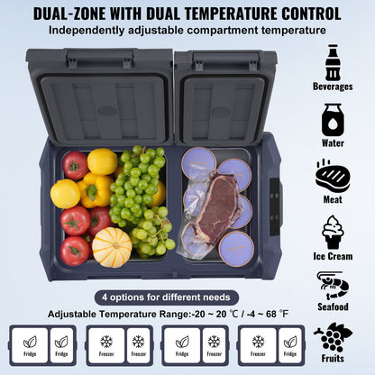 Bilkylskåp, 12 volts bilkylskåp, 32 l bärbar frys med dubbla zoner, justerbart temperaturområde -4℉-68℉, 12/24V DC och 100-240V AC kompressorkylare för utomhusbruk, camping, husbil