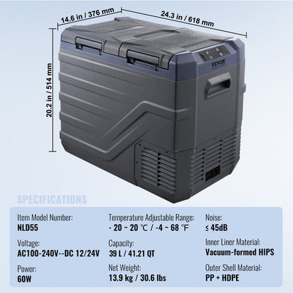 Bilkylskåp, 39 l bärbar frys med dubbla zoner, 12 volt bilkylskåp, justerbart område -4℉-68℉, 12/24V DC och 100-240V AC kompressorkylare för utomhusbruk, camping, husbil