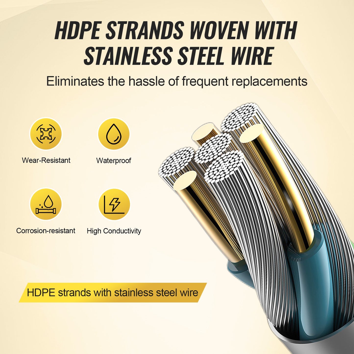 Elstängseltråd, 656 fot 200 m bärbar polytråd, 1/4" diameter 6 rostfria ståltrådar för pålitlig ledningsförmåga och UV-skydd, rostbeständighet, stängselrep för häst, nötkreatur och boskap