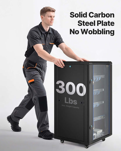 22U nätverksskåp väggmonterat, 600 mm djup, 136 kg max lastkapacitet serverskåp rackhölje med låsbar härdad glasdörr, sidopaneler, serverrack för IT-utrustning, A/V-enheter