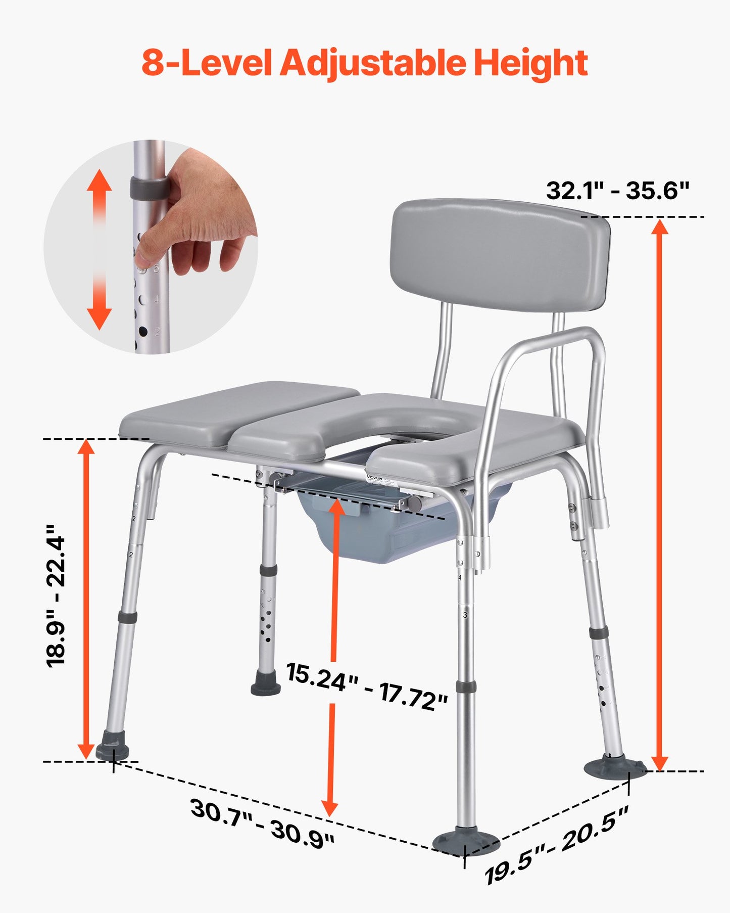 Bedside Commode Chair, 227 kg Weight Capacity, 4-in-1 Portable Toilet and Raised Toilet Seat with Padded Seat and Backrest, Detachable 5L Bucket, Adjustable Height Adult Potty Chair for Seniors