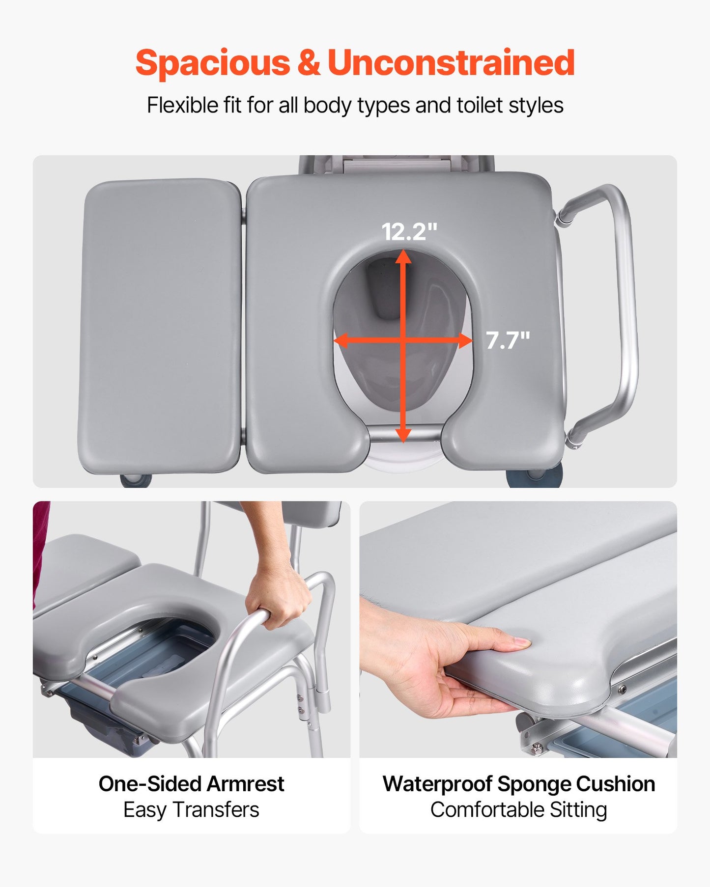 Bedside Commode Chair, 227 kg Weight Capacity, 4-in-1 Portable Toilet and Raised Toilet Seat with Padded Seat and Backrest, Detachable 5L Bucket, Adjustable Height Adult Potty Chair for Seniors
