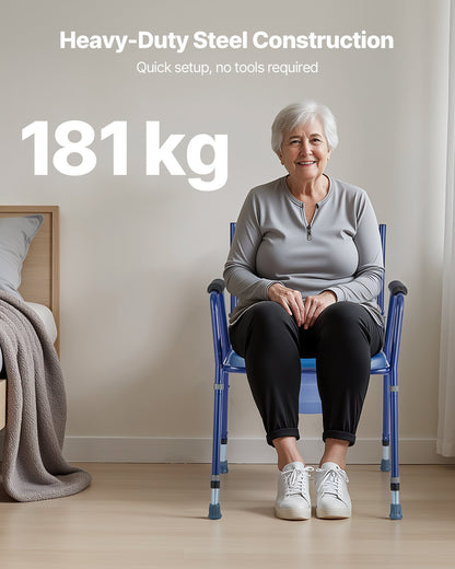 Sängbordsstol, 181 kg viktkapacitet, 3-i-1 bärbar toalett och upphöjd toalettsits med stoppad sits och ryggstöd, avtagbar 5-liters hink, justerbar höjd för vuxna pottstolar för seniorer
