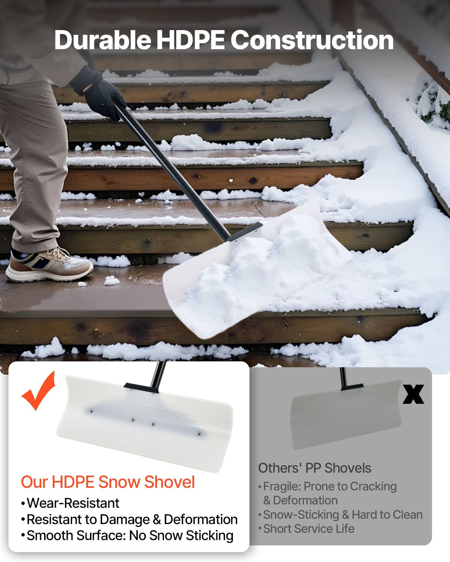 Snöskottare, 61 cm bred snöplogsskyffel för utomhusbruk med ergonomiskt grepp, HDPE-plastblad, vinterskyfflar med segmenterat handtag, bärbart snöröjningsverktyg för uppfart, trädgård, camping