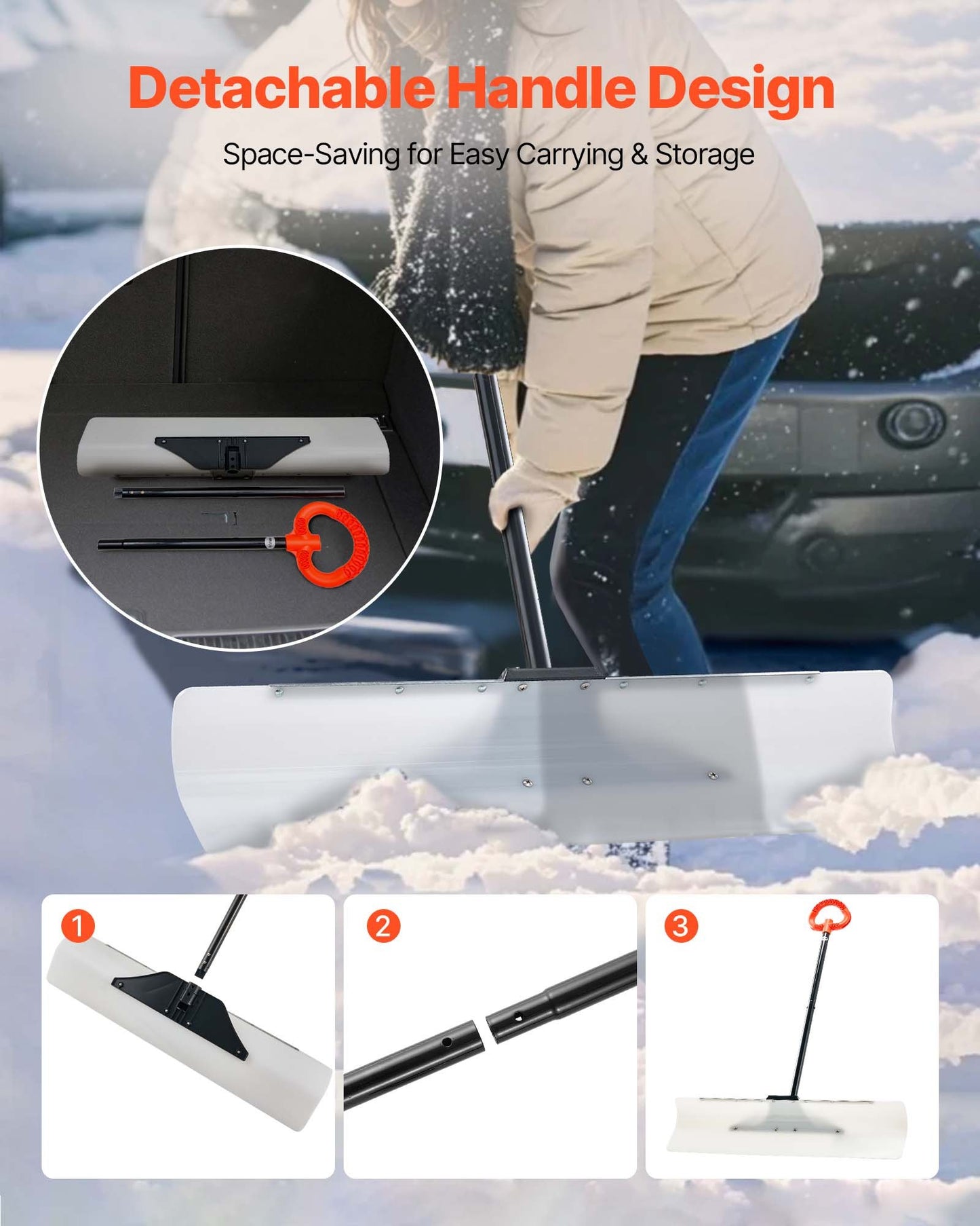 Snöskottare, 91,5 cm snöplogsskyffel för utomhusbruk med ergonomiskt grepp, HDPE-plastblad, vinterskyfflar med segmenterat handtag, metallkantlist, bärbart snöröjningsverktyg för uppfart, trädgård