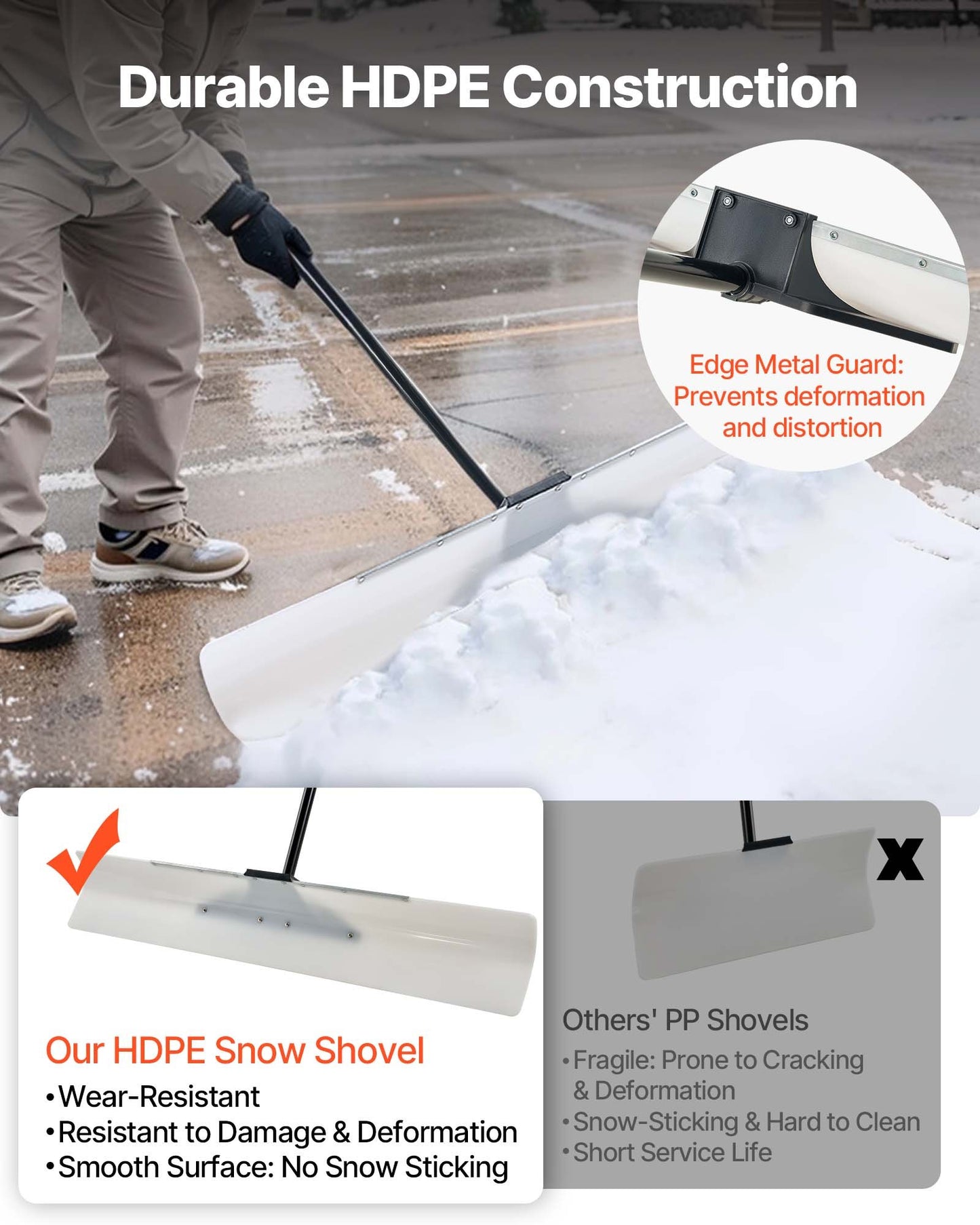 Snöskottare, 122 cm snöplogsskyffel för utomhusbruk med ergonomiskt grepp, HDPE-plastblad, vinterskyfflar med segmenterat handtag, metallkantlist, bärbart snöröjningsverktyg för uppfart, trädgård