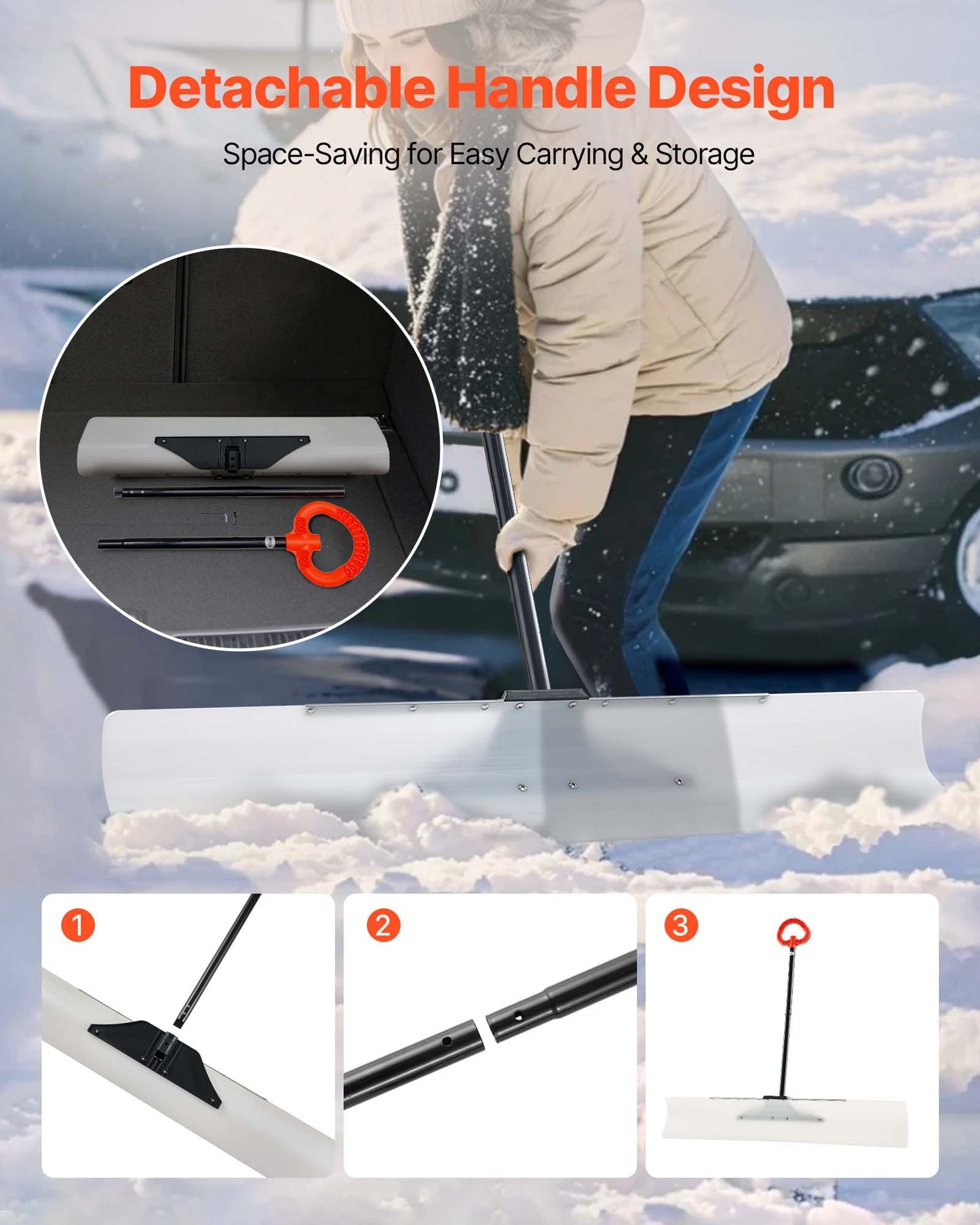 Snöskottare, 122 cm snöplogsskyffel för utomhusbruk med ergonomiskt grepp, HDPE-plastblad, vinterskyfflar med segmenterat handtag, metallkantlist, bärbart snöröjningsverktyg för uppfart, trädgård