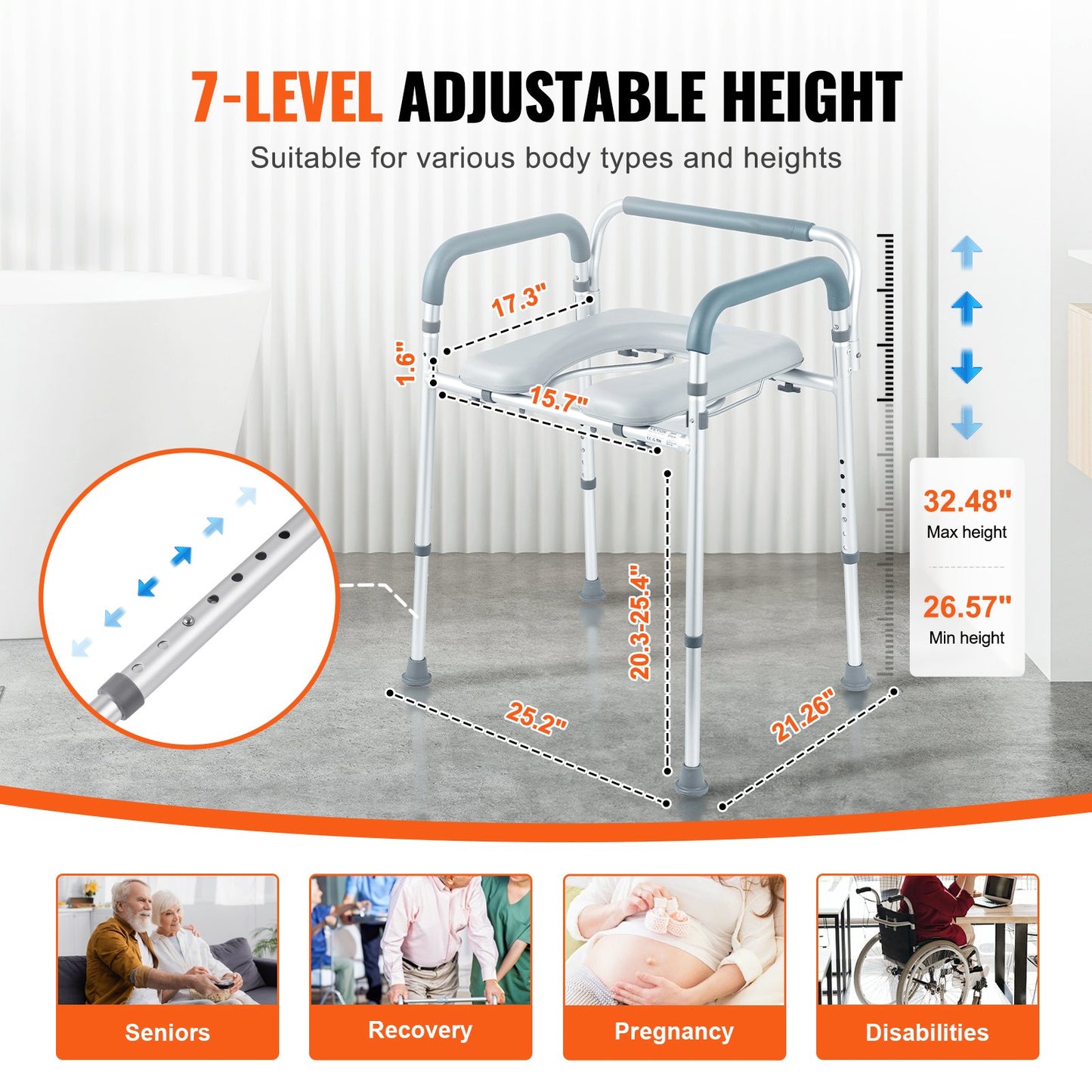 Commode Chair, Bedside Commode with Padded Seat and Arms, 7-Level Adjustable Height, 5.8L Removable Bucket, Easy to Assemble, 350 LBS Capacity, Raised Toilet Seat for Adults Seniors
