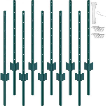 1,2 meter staketstolpe, 10-pack U-kanaliga kraftiga metallstaketstolpar, robusta stålstaketpinnar för trädgård, gräsmatta, gårdar och utomhustrådsstängsel, grön