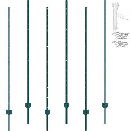 1,8 meter staketstolpe, 6-pack U-kanaliga kraftiga metallstaketstolpar, robusta stålstaketpinnar för trädgård, gräsmatta, gårdar och utomhustrådsstängsel, grön