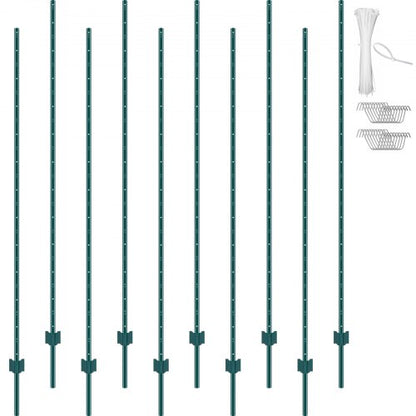2,1 meter långa staketstolpar, 10-pack U-kanaliga kraftiga metallstaketstolpar, robusta stålstaketpinnar för trädgård, gräsmatta, gårdar och utomhustrådsstängsel, grön
