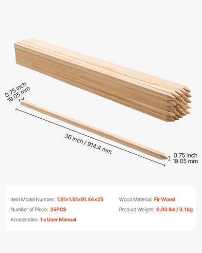 Trädgårdsstöttor i trä, 25 st 19,05×19,05×914,4 mm, nivåstöttor för lantmäteri, markstöttor för trädgårdsväxter med vass spets, skyltstolpar för slamstaket, gårdsgränser och baslinjer