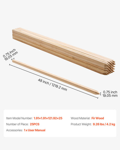 Trädgårdsstöttor i trä, 25 st 19,05×19,05×1219,2 mm, nivåstöttor för mark, markstöttor för trädgårdsväxter med vass spets, skyltstolpar för slamstaket och gårdsgränser