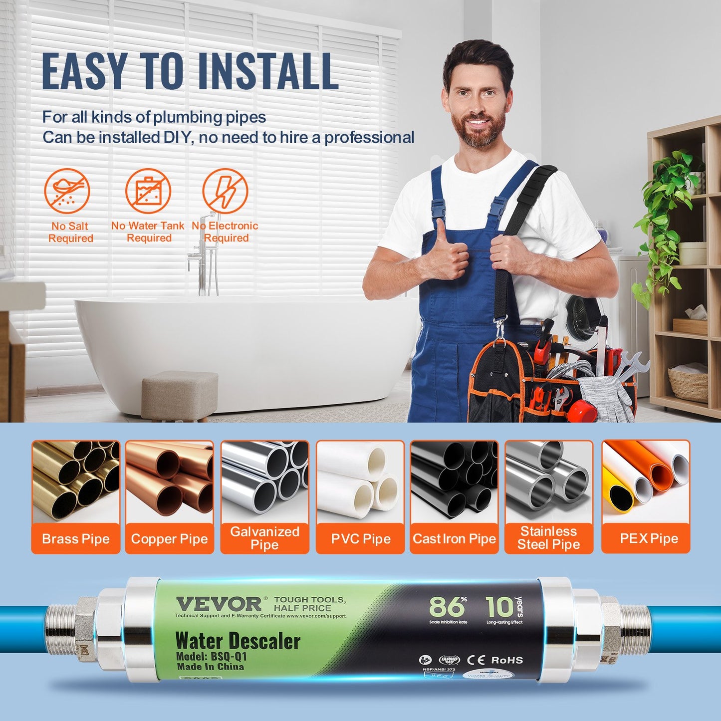 Saltfri avkalkningsmedel för hela huset, fysisk avkalkningsmedel för stadsvatten, 18 GPM vattenavkalkningsmedel för hela huset för alla typer av rör, SAAS-legering är hållbar i över 10 år