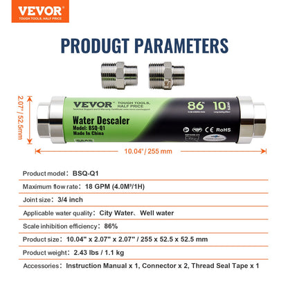 Saltfri avkalkningsmedel för hela huset, fysisk avkalkningsmedel för stadsvatten, 18 GPM vattenavkalkningsmedel för hela huset för alla typer av rör, SAAS-legering är hållbar i över 10 år