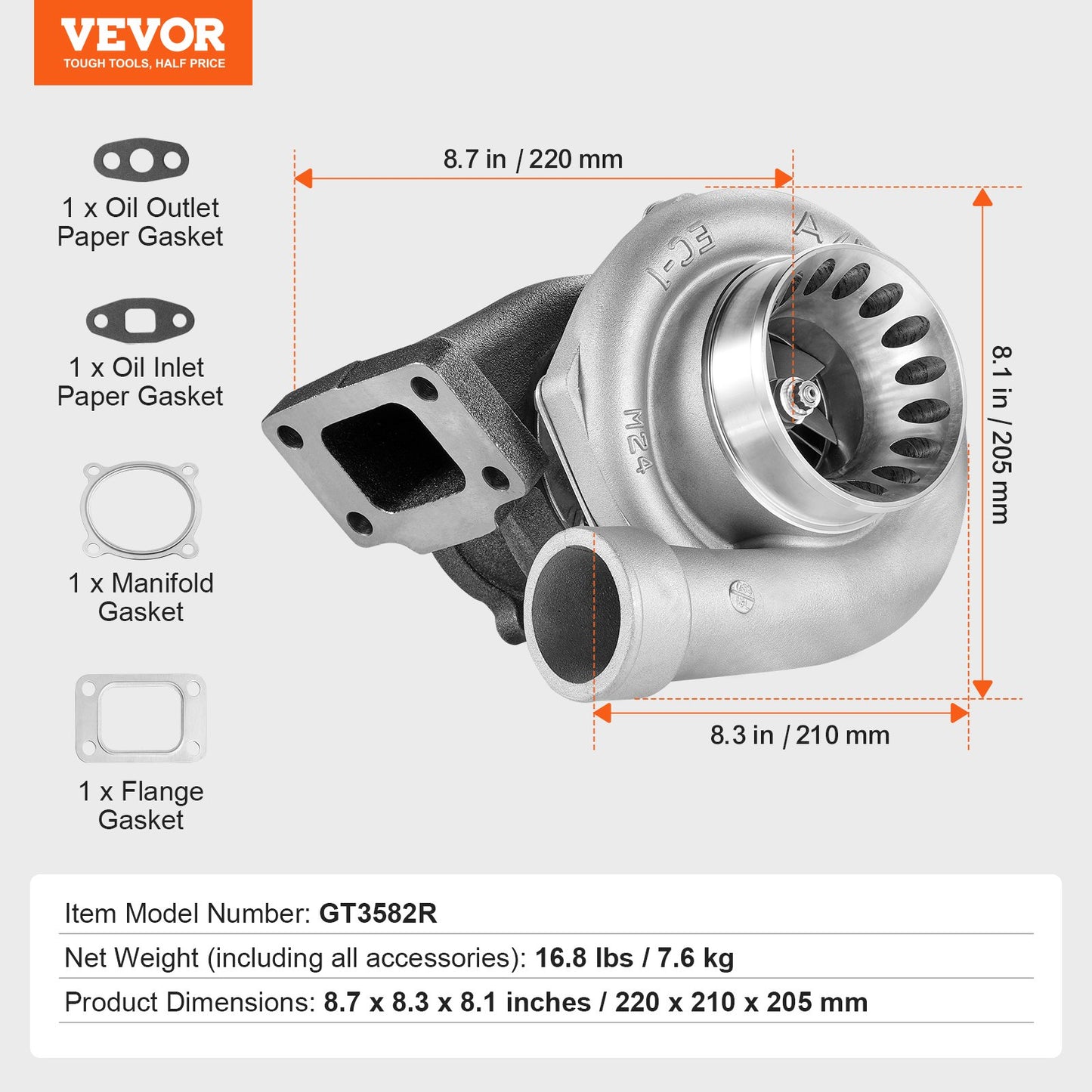 Turboaggregat med packningssats, turboaggregatersättning för bilmotorer, kompatibel med 2,5-6,0-liters slagvolymer, värmebeständig motorturboaggregat med K418-legeringsimpeller