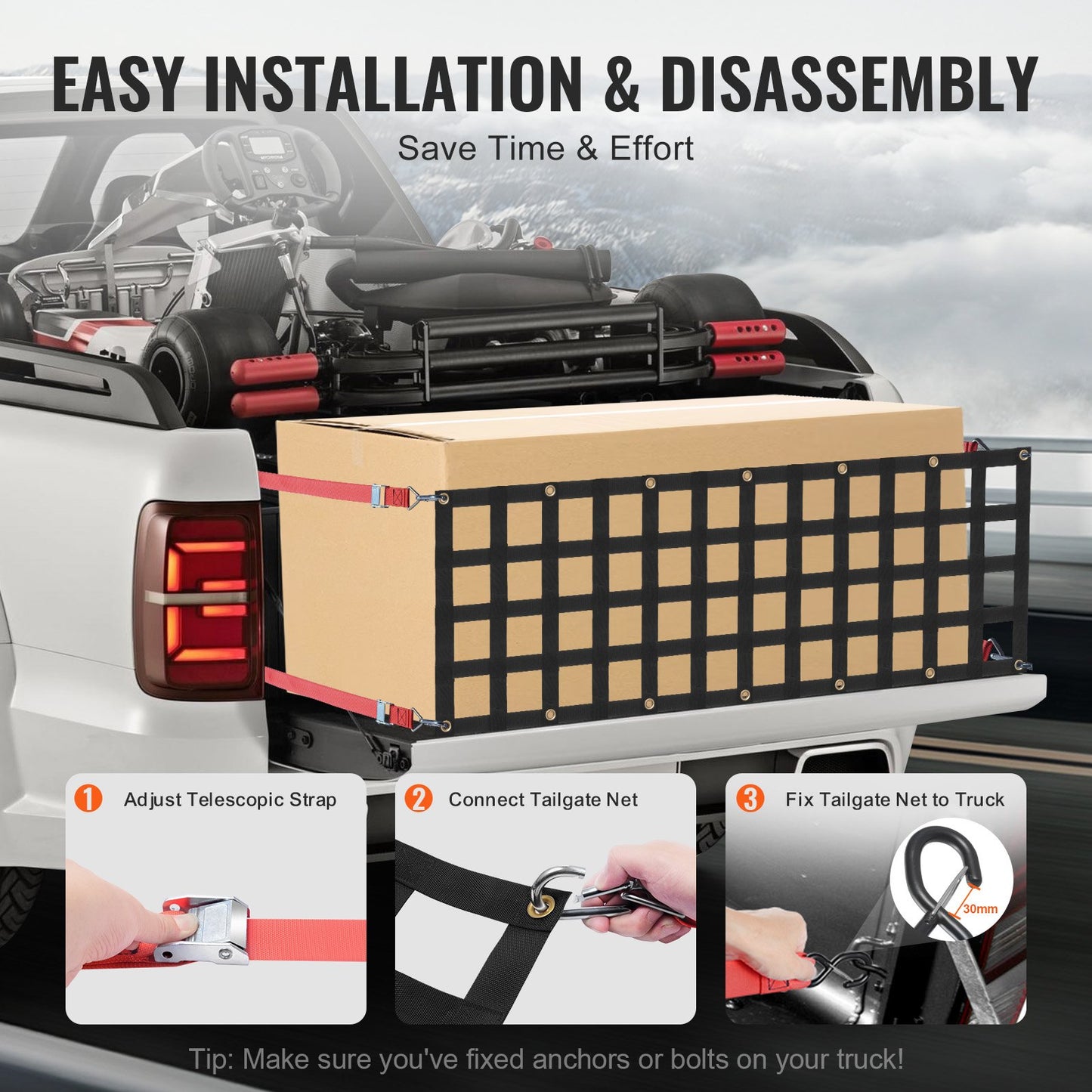 Bakluckenät, 54 x 18 tum, Kraftigt lastnät för lastbilsflak med 4 justerbara teleskopremmar, Utdragbart och hållbart, Flexibel justering, Lämplig för pickup, släpvagn, lastbil, Jeep, SUV