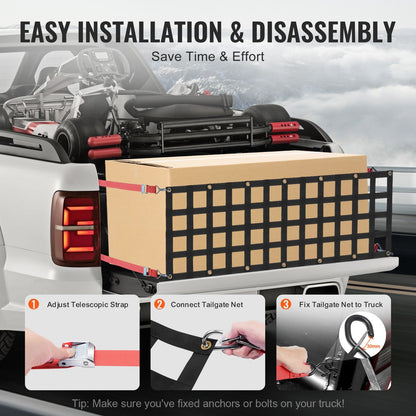 Bakluckenät, 54 x 18 tum, Kraftigt lastnät för lastbilsflak med 4 justerbara teleskopremmar, Utdragbart och hållbart, Flexibel justering, Lämplig för pickup, släpvagn, lastbil, Jeep, SUV