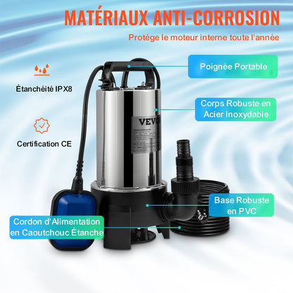 Dränkbar vattenpump, 1100W 20000L/h, med 10 m sladd och automatisk flottörbrytare, bärbar rostfri stålpump för smutsiga eller rena avlopp, översvämningar i avlopp, tömning av trädgårdsdammar, simbassänger, bubbelpool