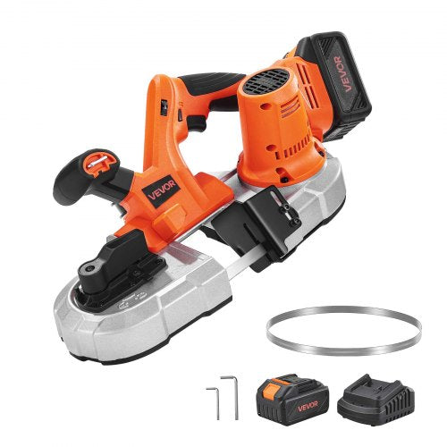 20V bärbart bandsågssats, 65 x 65 mm sågdjup, AC 220V, 360W bandsåg med borstlös motor, 4,0 Ah batteri, sladdlös och kompakt bärbar bandsåg, 0–192 m/min variabel hastighet, för sågning av metall och trä