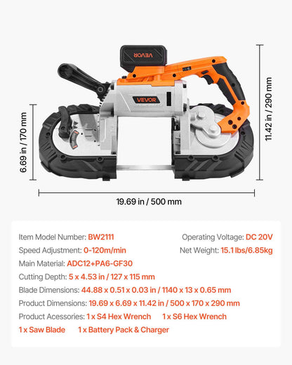 20V bärbart bandsågssats, 127 mm x 115 mm sågdjup, AC 220V, 360W bandsåg med borstlös motor, 4,0 Ah batteri, sladdlös och kompakt bärbar bandsåg, 0-120 m/min variabel hastighet, för sågning av metall, trä
