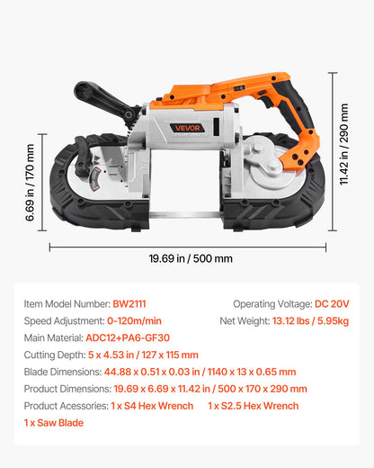 Bärbar bandsåg, 127 mm x 115 mm sågdjup, 360 W bandsåg med borstlös motor, sladdlös och kompakt bärbar bandsåg, upphängningskrokar, 0-120 m/min variabel hastighet för sågning av metall, trä (endast med bara verktyg)