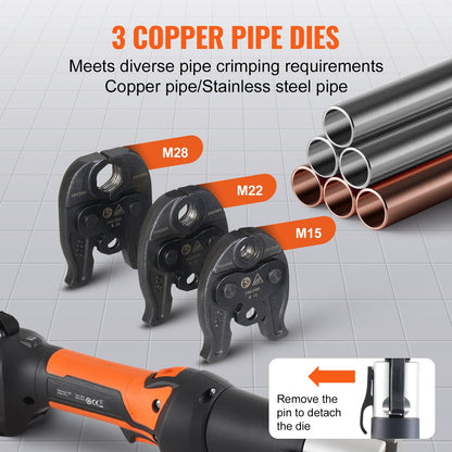 Pressverktyg och batterisats, Pro Pressverktyg, elektrisk rörpressverktyg med M15-, M22- och M28-käftar, pressverktygssats med 2 st. 18V 2,0Ah-batterier, snabbladdare och bärväska