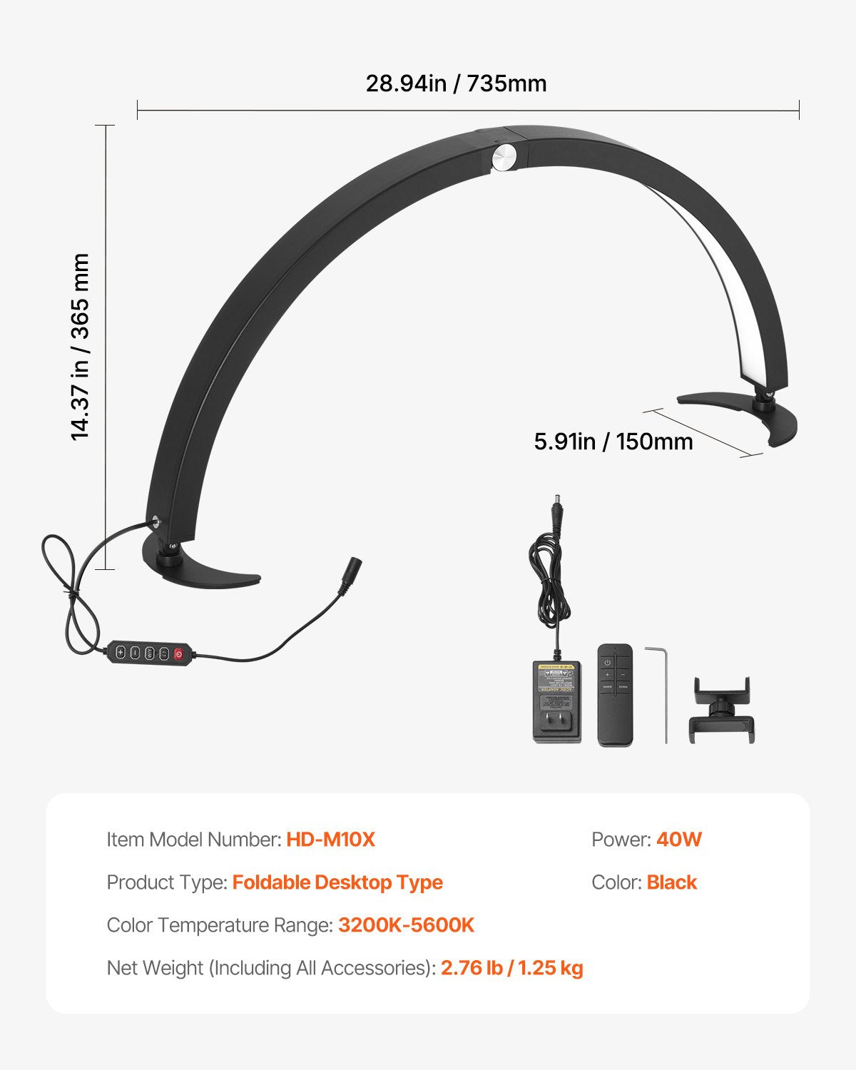 Nagelbordslampa, 40 W halvmåneformad skrivbordslampa med telefonhållare, justerbar ljusstyrka och färgtemperatur, välvd LED-bordslampa för nageltekniker, tatuerare, skönhet, ögonfransförlängningar