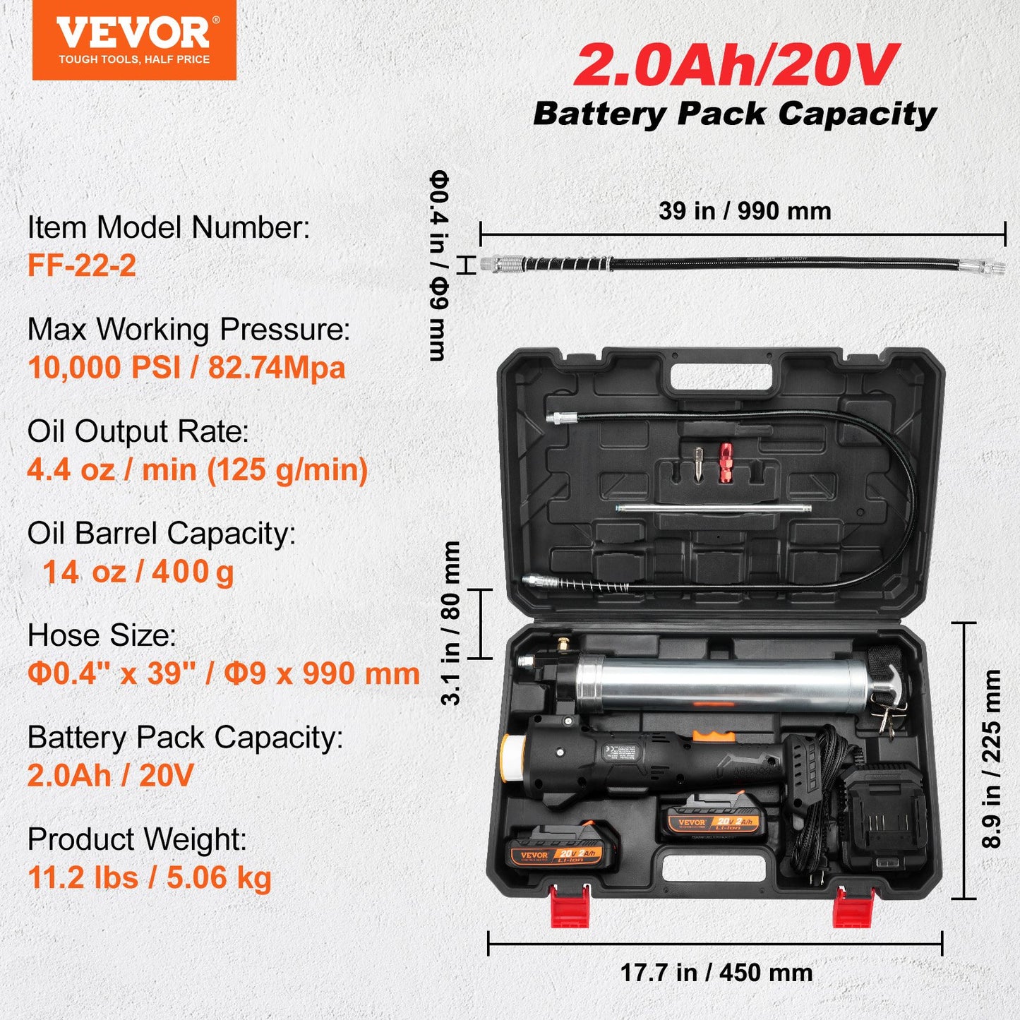 Sladdlös fettspruta, 20 volt, 10 000 PSI, 39" lång slang, elektrisk fettspruta, professionell högtrycks-batteridriven fettspruta med bärväska, batteri och laddare ingår, svart