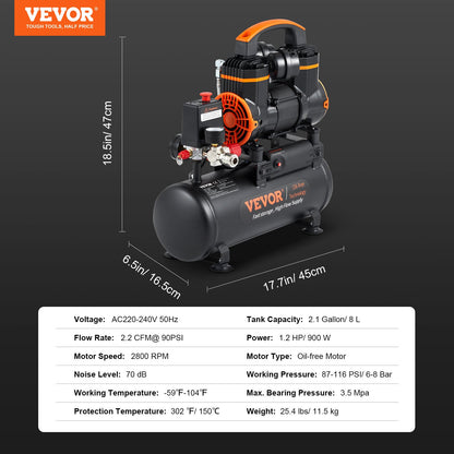 Luftkompressor 7,9 l 900 W 2,2 CFM vid 90 PSI 70 dB Ultratyst Oljefri