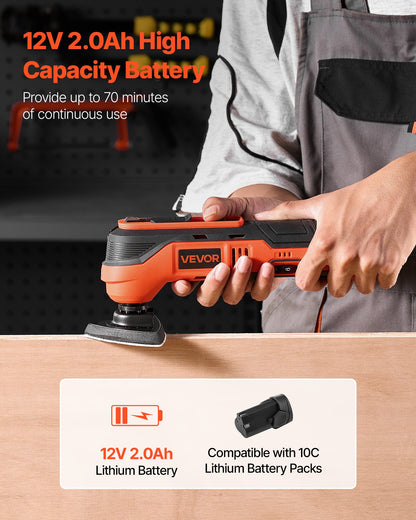 Cordless Oscillating Tool, 12V Multitool Oscillating Saw Tool with 6 Variable Speeds 6000 - 17500 OPM, 3.2° Oscillating Angle, 2.0Ah Battery Pack & Charger, 8PCS Saw Accessories & LED Work Light