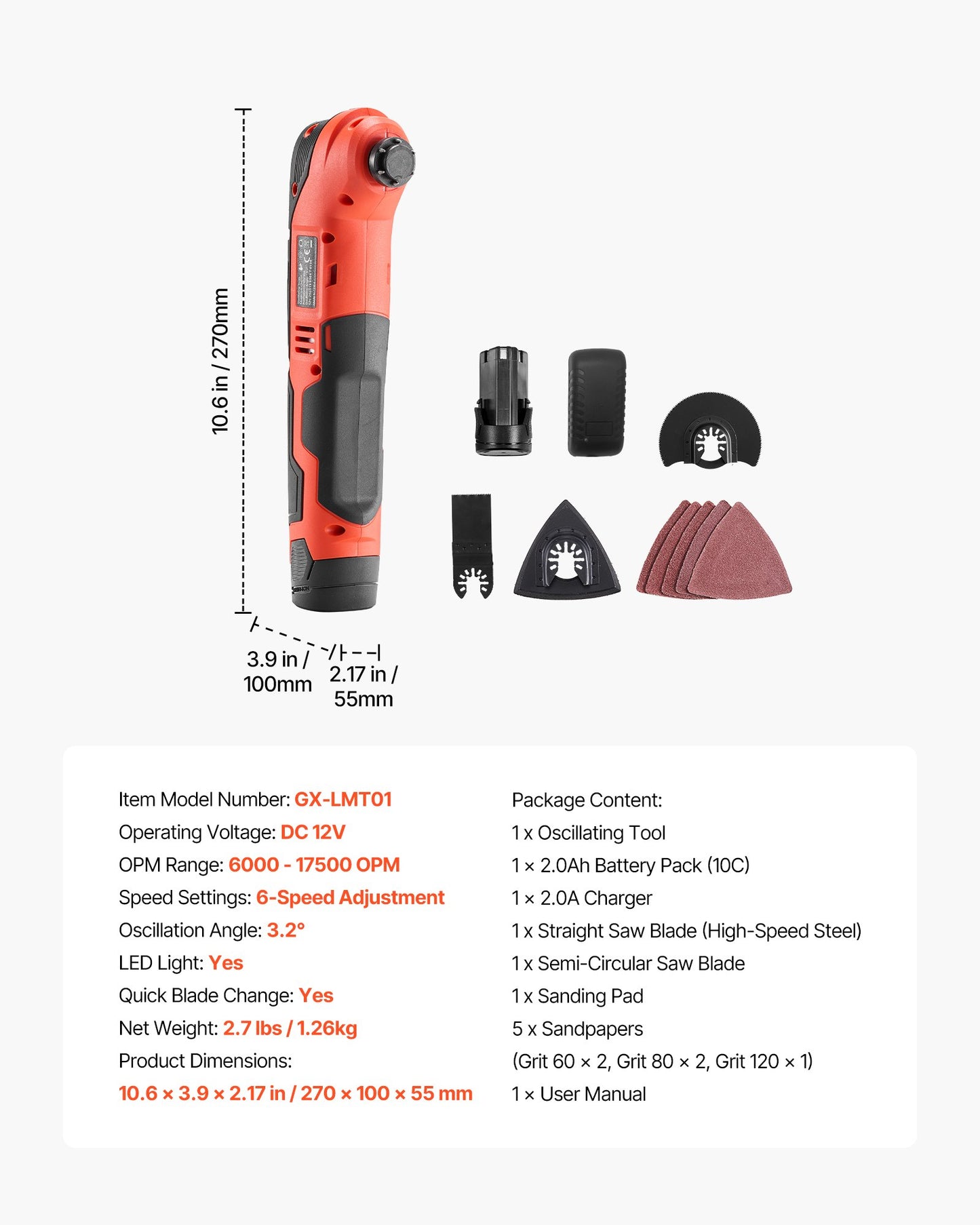 Cordless Oscillating Tool, 12V Multitool Oscillating Saw Tool with 6 Variable Speeds 6000 - 17500 OPM, 3.2° Oscillating Angle, 2.0Ah Battery Pack & Charger, 8PCS Saw Accessories & LED Work Light