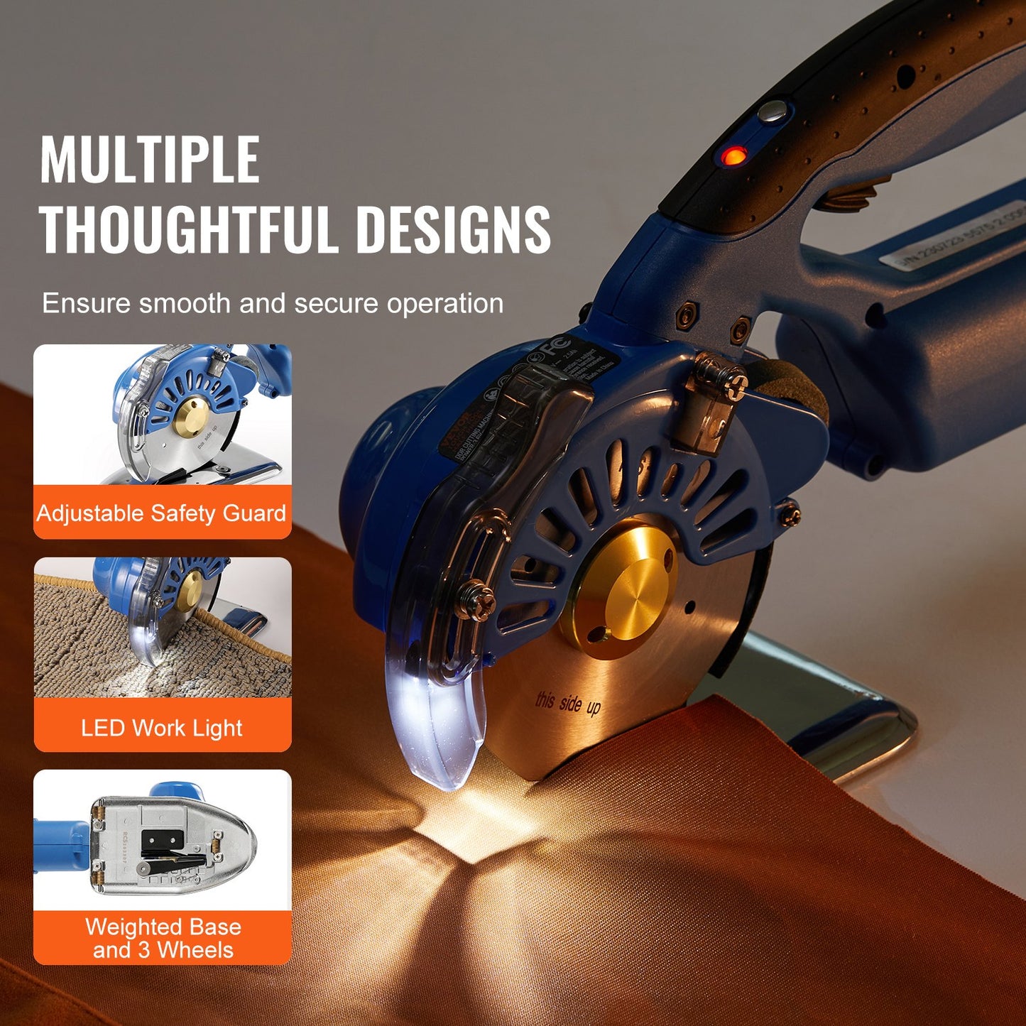 Tygskärare, 5-växlad sladdlös elektrisk roterande tygskärmaskin, 1,1" skärtjocklek, åttkantig kniv, med reservblad och batteriladdare, för flerskiktstyg, tyg, läder