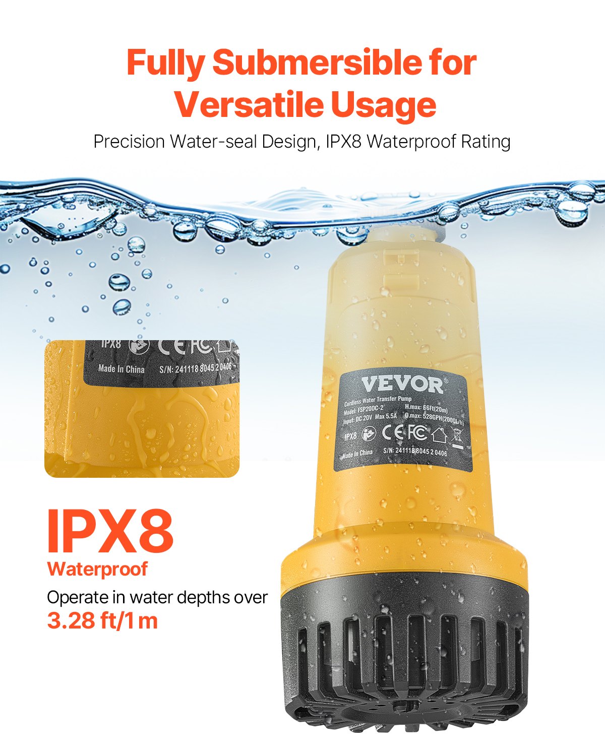 Sladdlös dränkbar vattenpump, 33 l/min (528 gph), bärbar dränkbar pump med G3/4" trädgårdsslang, kompatibel med Dewalt 20V MAX-batteri (utan batteri), elektrisk pump för pool, trädgård, damm