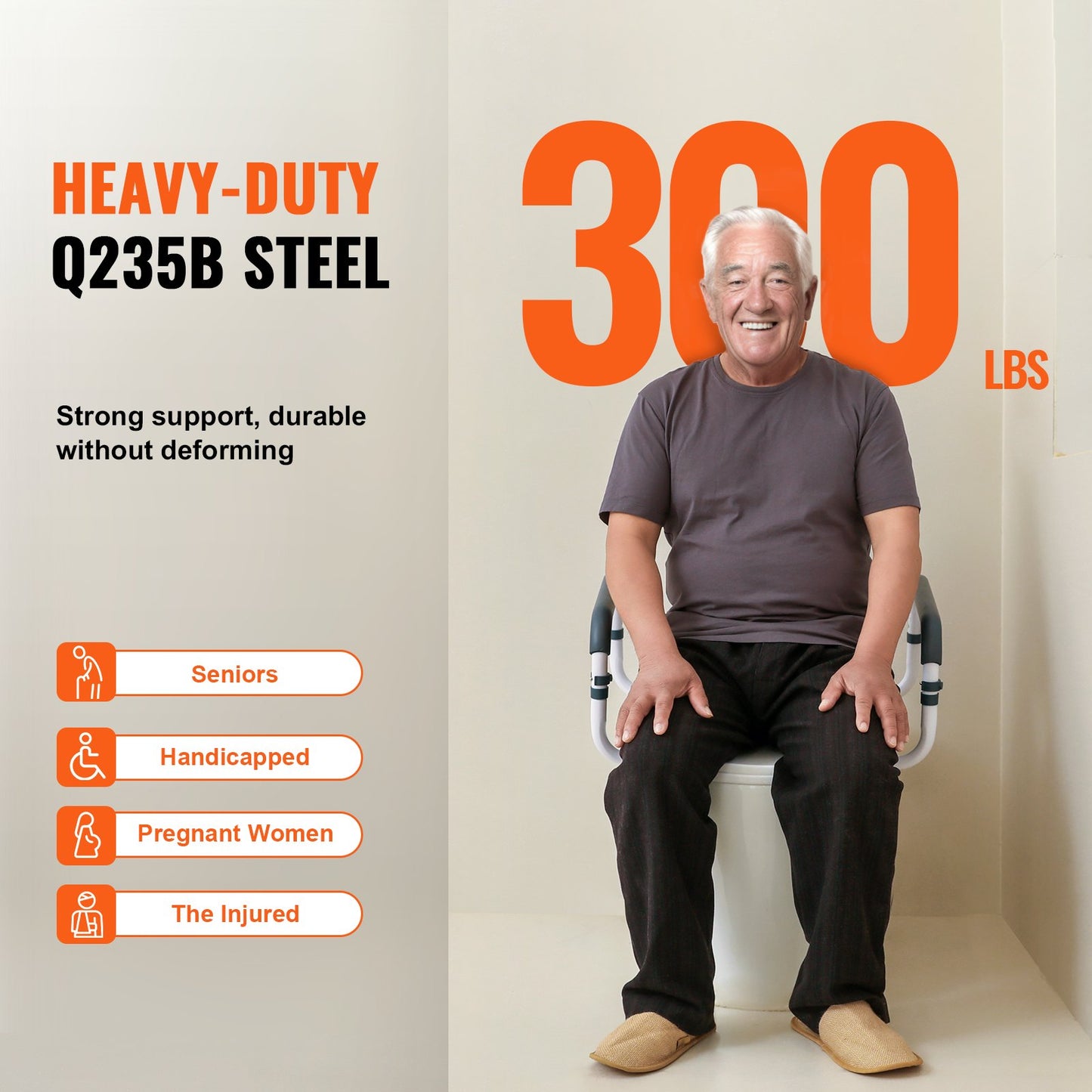 Toalettstång, toalettsitsram med kapacitet på 300 kg, justerbar bredd passar de flesta toaletter, enkel installation, toaletthandtag med vadderade armstöd för handikappade, funktionshindrade, seniorer