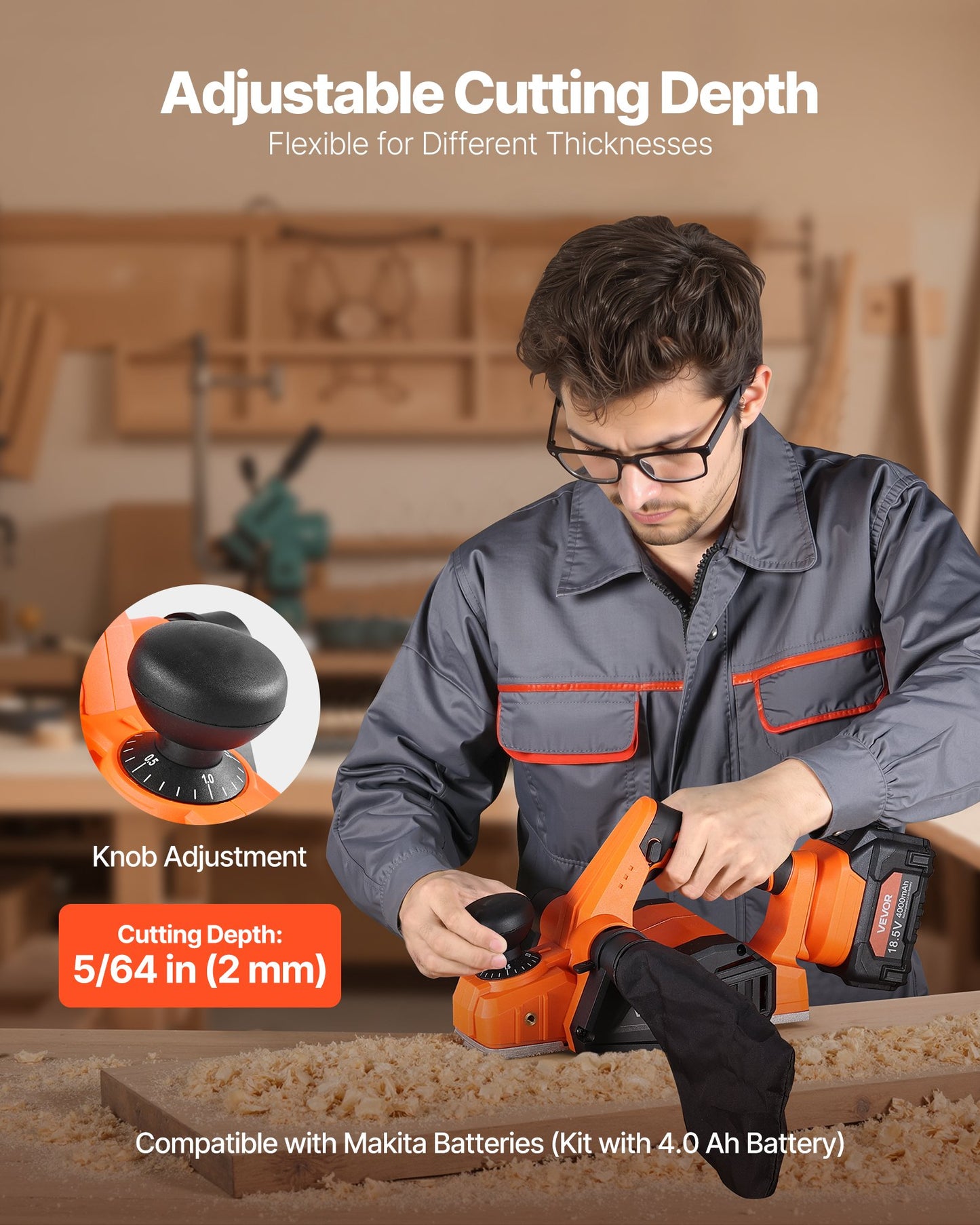 Cordless Handheld Planer, 82 mm Cut Width, 15000 RPM Electric Hand Wood Planer with 4 Ah 18V Lithium Battery, Brushless Motor, Adjustable Cut Depth, Dust Collection Bag, for Woodworking
