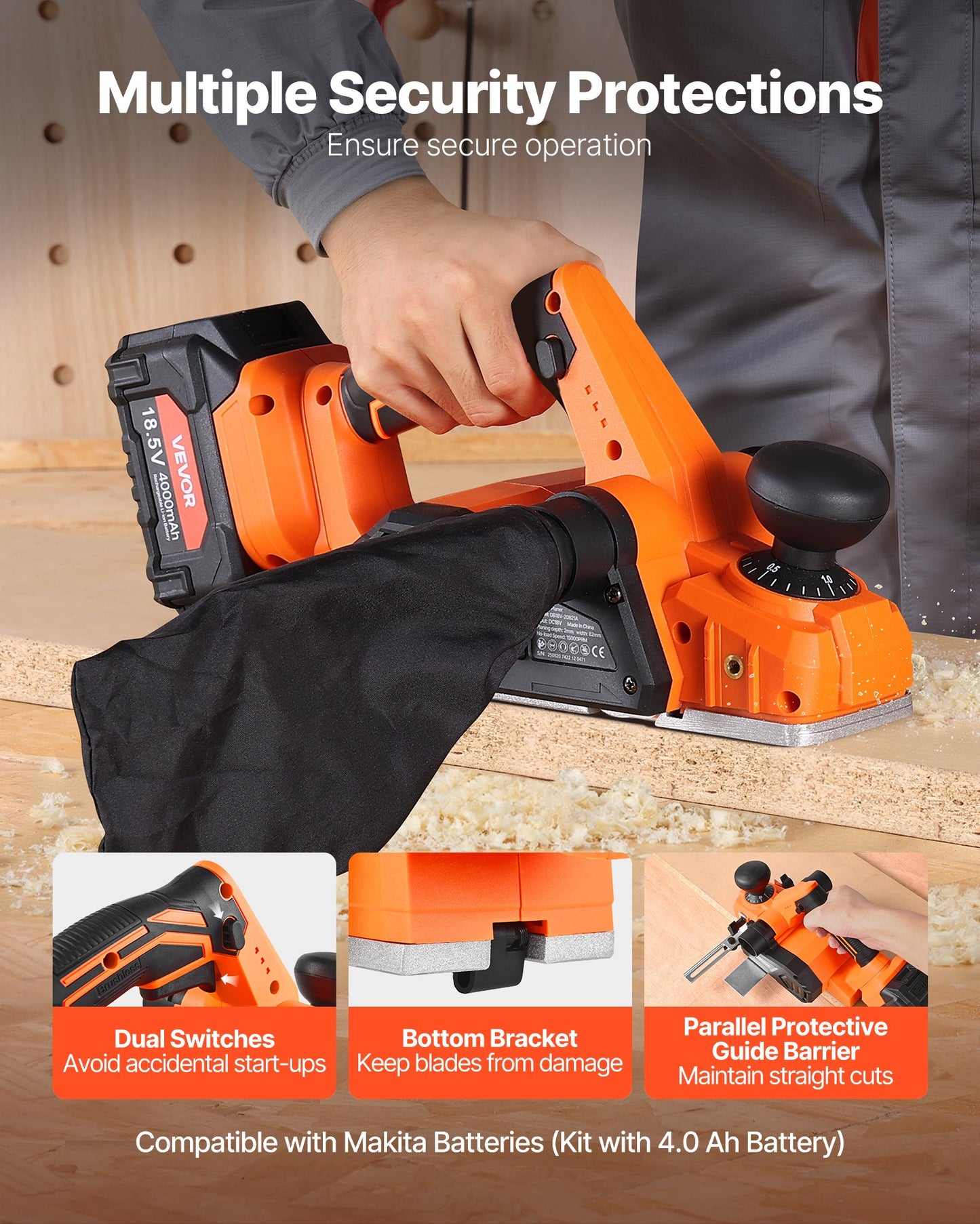 Cordless Handheld Planer, 82 mm Cut Width, 15000 RPM Electric Hand Wood Planer with 4 Ah 18V Lithium Battery, Brushless Motor, Adjustable Cut Depth, Dust Collection Bag, for Woodworking