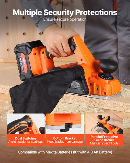Cordless Handheld Planer, 82 mm Cut Width, 15000 RPM Electric Hand Wood Planer with 4 Ah 18V Lithium Battery, Brushless Motor, Adjustable Cut Depth, Dust Collection Bag, for Woodworking